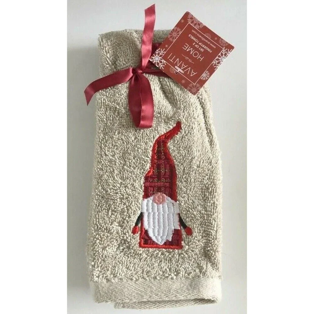 Avanti Christmas Gnome Fingertip Towels Beige Embroidered Holiday Set Of 2